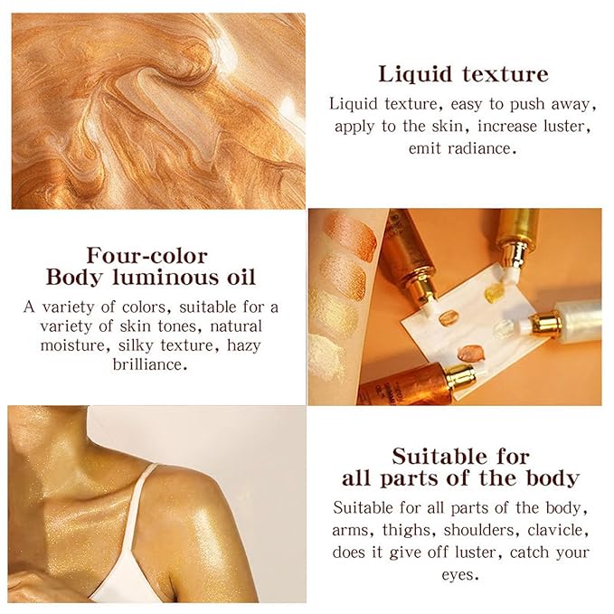 Shimmer Body Oil-Golden Brown Face Brighten Pearl Highlighter Liquid Illuminator Body Glow Oil,4 Color Bronze Makeup Glitter Body Shimmer Oil with Makeup Brush-Velvo Beauty