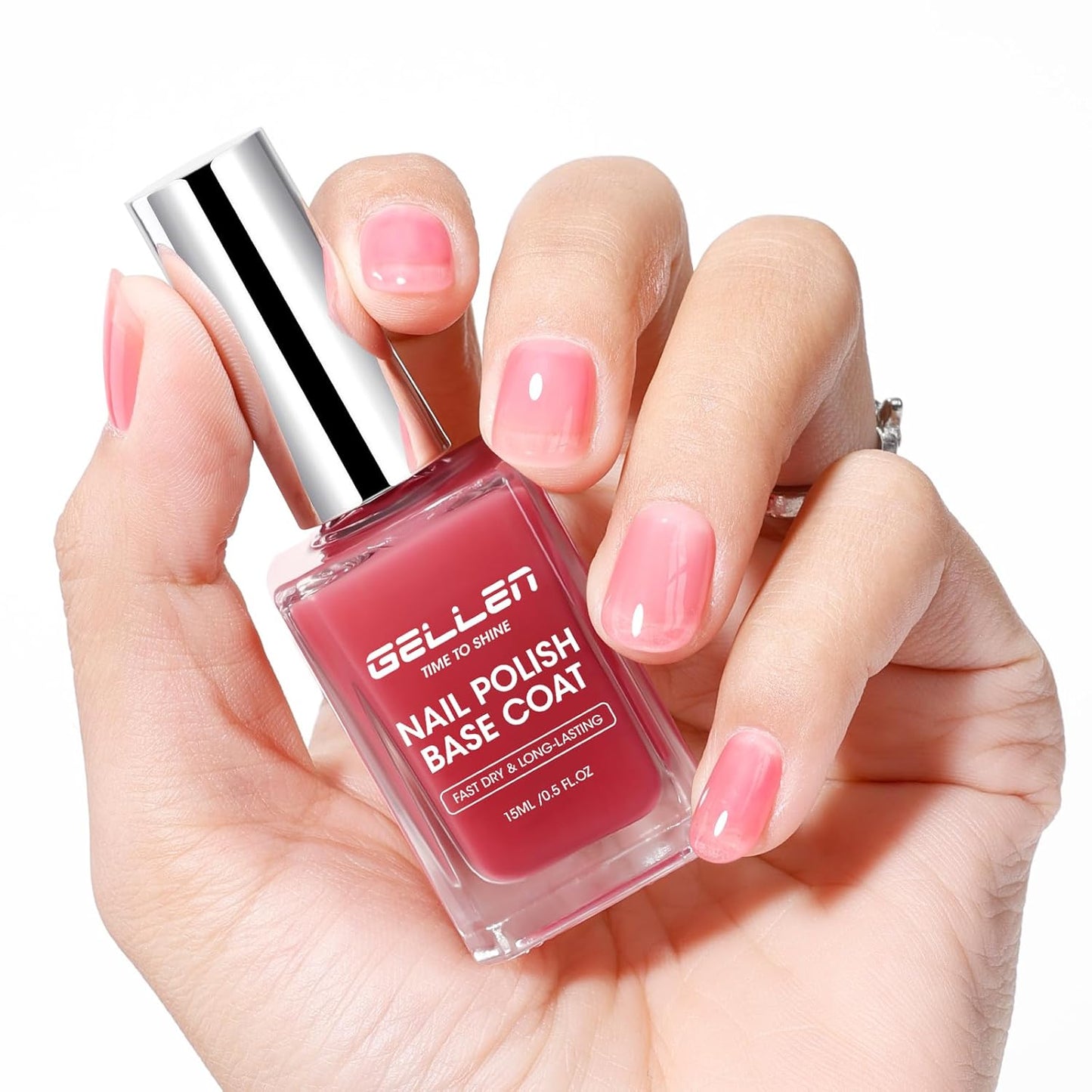 Gellen 4‑in‑1 Clear Nail Polish Base Coat Sheer Tinted Red, Ridge Filler, Nail Strengthener & Concealer, Calcium Formula Strengthens Nails, Natural Color Enhances Natural Look, No HEMA, Anti-yellowing-Velvo Beauty