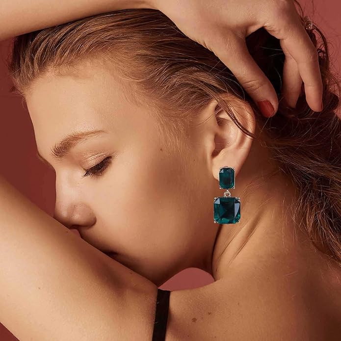 Vintage Emerald Square Earrings Green Emerald Drop Earrings Geometric Emerald Earrings Luxury Wedding Green Crystal Stud Earrings Jewelry for Women-Velvo Beauty