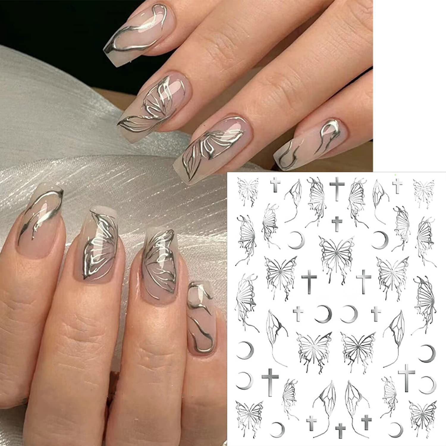 SILPECWEE 6 Sheets Butterfly Nail Stickers - 3D Nail Art Decals, Metallic Silver Aurora Retro Designs, Self-Adhesive Manicure Stickers-Velvo Beauty