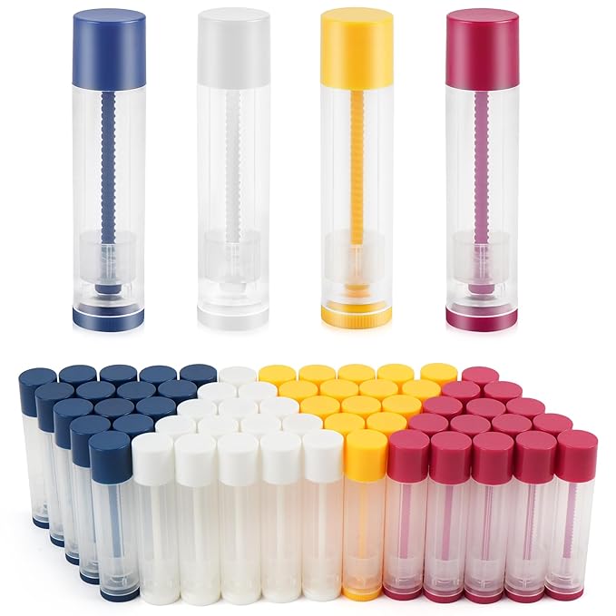LotFancy Lip Balm Tubes, 60 Empty, 5.5ml, Clear Plastic Containers with 4 Color Caps, BPA Free, Leak Free, Refillable (Yellow White Blue Red)-Velvo Beauty