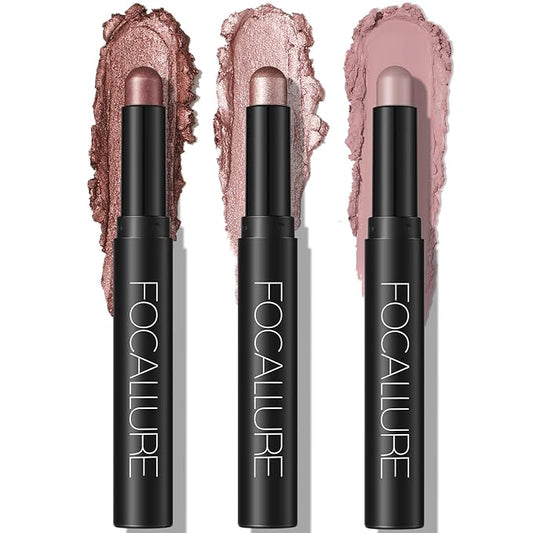 FOCALLURE 3PCS Cream Eyeshadow Stick Sets,Matte and Shimmer Eye Brightener, High Pigmented Crease-proof Pencil,Long Lasting Eye Shadow Highlighter Makeup,Rose Mirage-Velvo Beauty