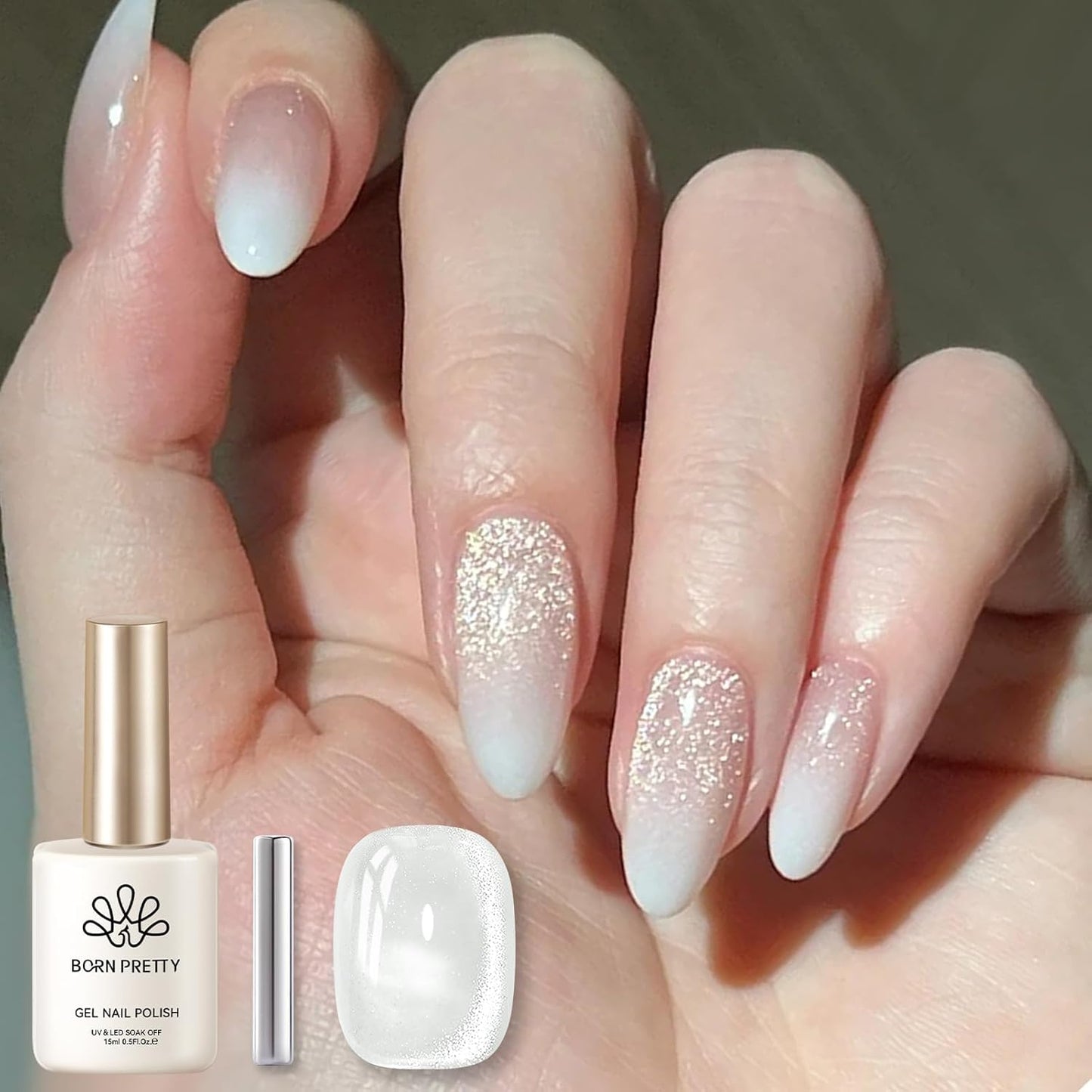 BORN PRETTY Cat Magnetic Eye Gel Nail Polish, Milky White Cat Glitter Cat Magnetic Gel Nail Polish, Holographic Magnetic Nail Polish for Nail Art Manicure Salon DIY at Home 15ML-Velvo Beauty