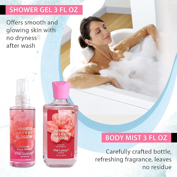 Bath & Body Kit, 3 Fl Oz Travel Size, Ideal Skincare Relaxing Home Spa Set, Includes Body Lotion, Shower Gel, Body Cream, and Fragrance Mist, Bath Gifts for Her and Him (Japanese Cherry-Velvo Beauty