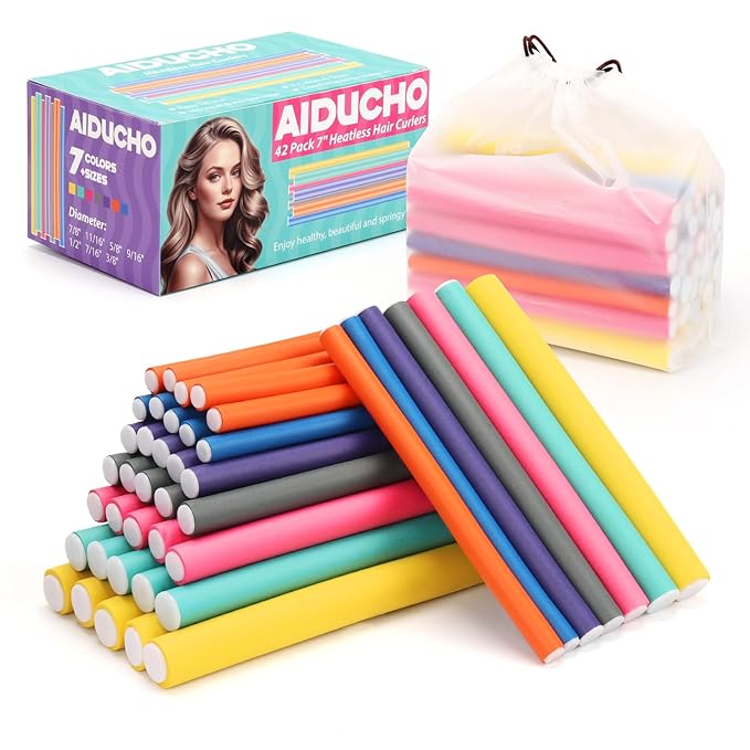 AIDUCHO Heatless Hair Curlers 42PCS Flexible Hair Rollers 7" Soft Foam Hair Curlers No Heat Bendable Curling Rods for Short Medium Long Hair, 7 Colors & Sizes-Velvo Beauty