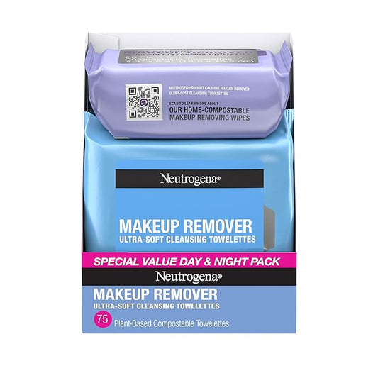 Neutrogena Day & Night Wipes, Makeup Remover Face Cleansing Towelettes & Night Calming Facial Cloths, 100% Plant Based Fibers Wipe Away Dirt, Alcohol-Free, 3 Packs of 25 ct, 75 ct-Velvo Beauty