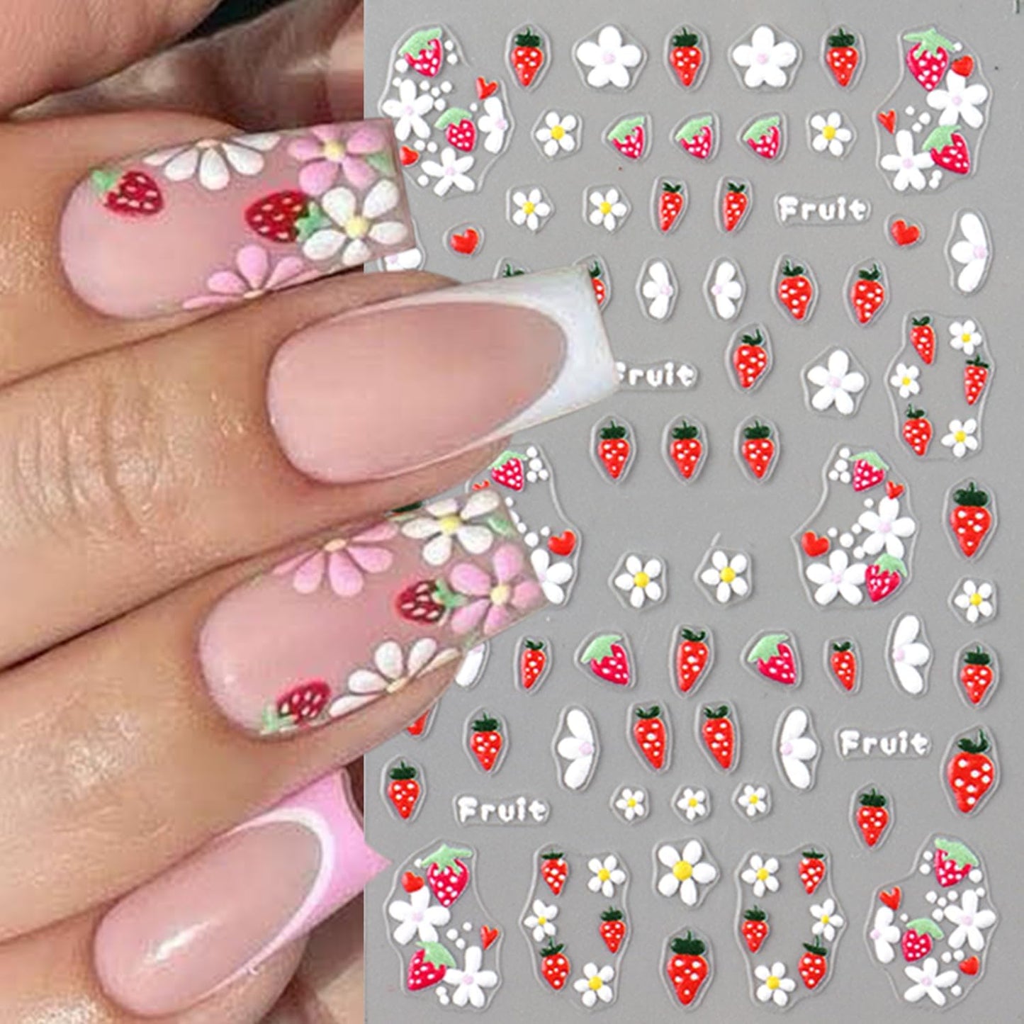 5 Sheets Autumn Winter Flower Nail Art Stickers 3D Self-Adhesive Nails Stickers Floral Strawberry Daisy Pattern French Tip Design Wine Red Brown Blue Gold 3D Decals Women DIY Nail Art Decoration-Velvo Beauty