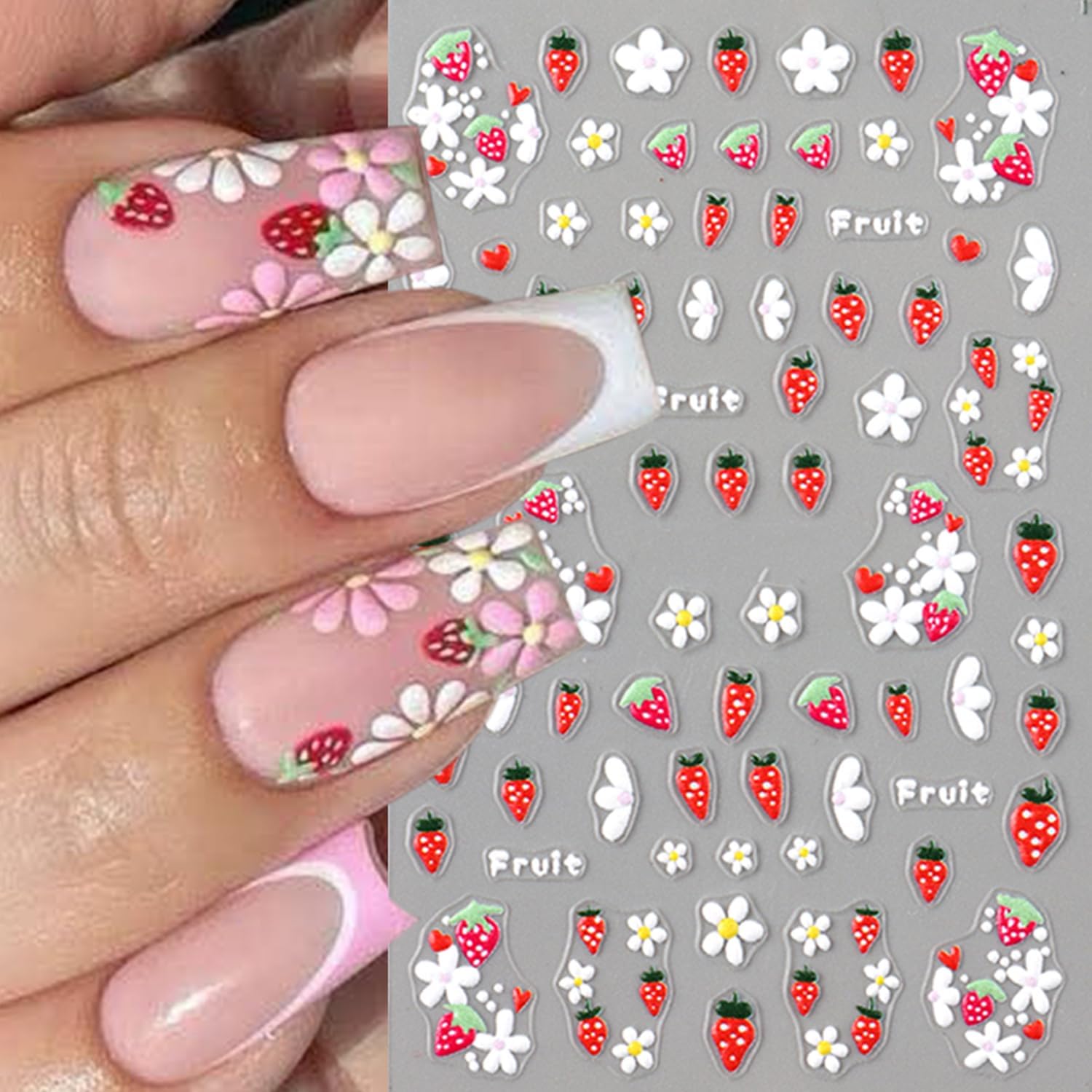 5 Sheets Autumn Winter Flower Nail Art Stickers 3D Self-Adhesive Nails Stickers Floral Strawberry Daisy Pattern French Tip Design Wine Red Brown Blue Gold 3D Decals Women DIY Nail Art Decoration-Velvo Beauty