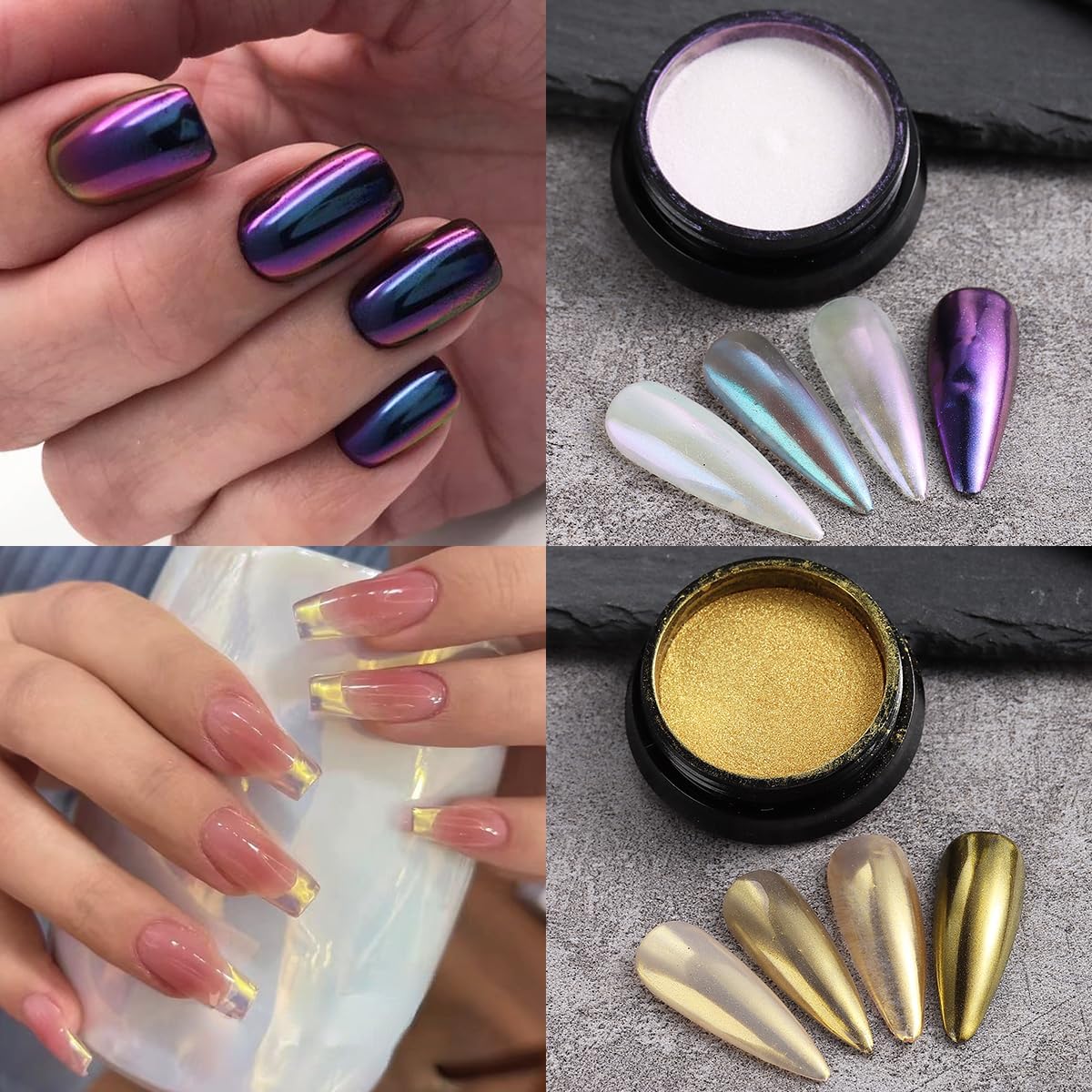 Chameleon Chrome Nail Powder, 10 boxes Pink Purple Aurora Chrome Powder, Gold Silver Holographic Nail Powder, Metallic Mirror Pigment for Nails, Rubbing Dust Manicure Glitter Set-Velvo Beauty