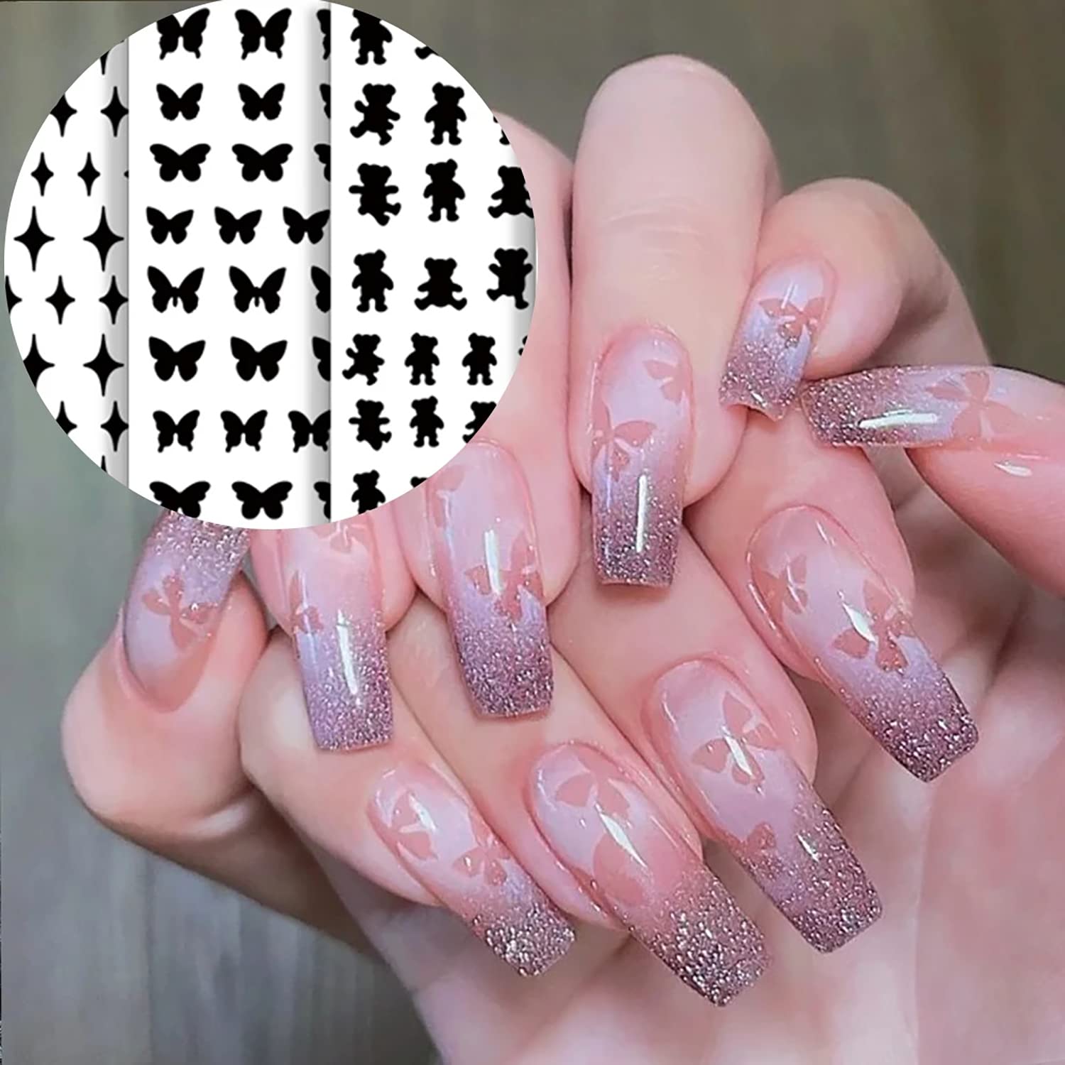 SILPECWEE 17 Sheets Airbrush Stencils for Nails French Tip Nail Guide Nail Design Stickers Bear Butterfly Heart Star Nail Art Stickers Decals Printing Template Tool Manicure Strips Nails Decoration-Velvo Beauty