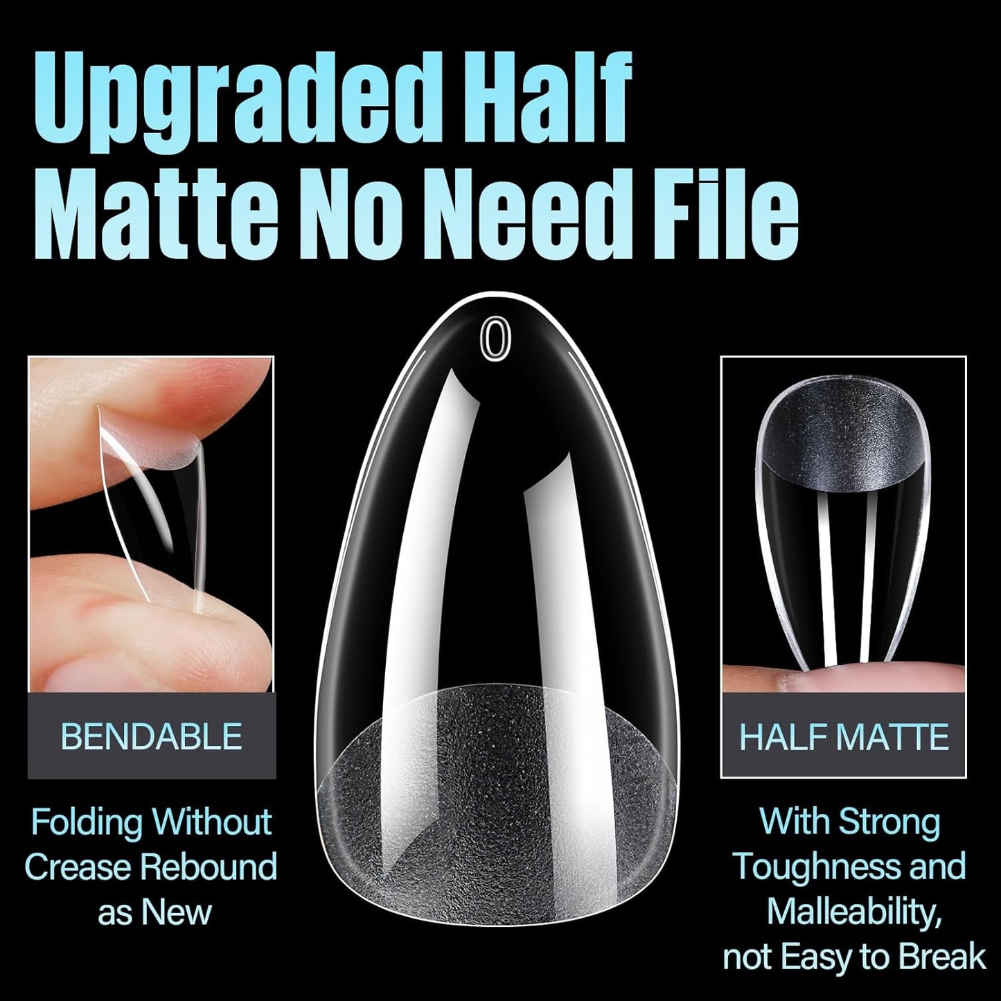 TOMICCA Medium Almond Nail Tips, 504Pcs Soft Acrylic Pre Etched Clear Fake Nails Tips Almond Shape Half Matte, Full Cover Nail Extension for Beginner and Professional 12 Sizes-Velvo Beauty