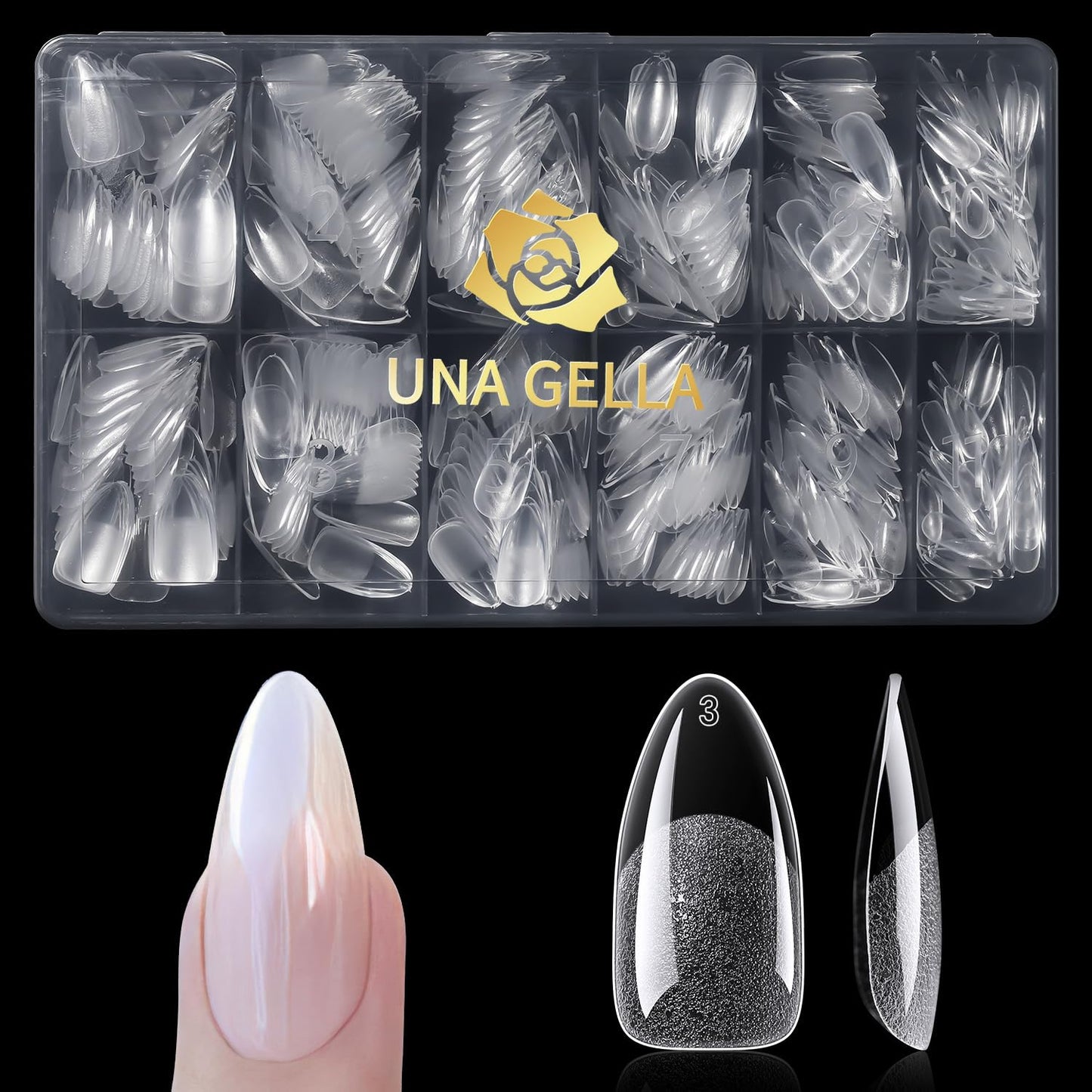 UNA GELLA Almond Gel Nail Tips 600 Pcs Pre-filed Almond Nails Full Cover Press On Nails 12 Sizes Half Matte Clear Fake Soft Gel Nail Tips for Extension Home DIY Salon with Box-Velvo Beauty