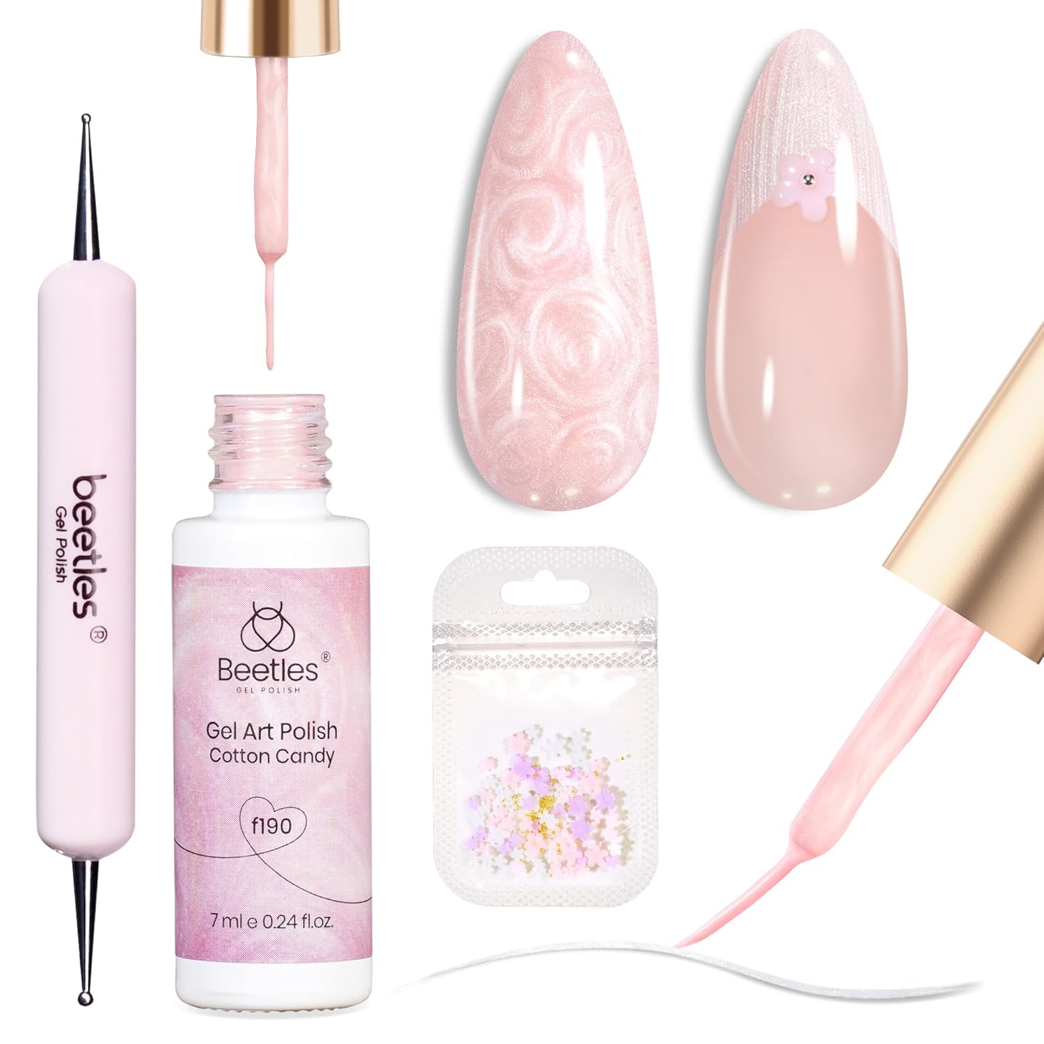 Beetles Pearl Pink Gel Liner Nail Polish,Soak Off Uv Led Pearl Gel Nail Polish Drawing Valentine Gel Polish Cotton Candy Pearlescent Swirl Gel Art Paint with Dotting Pen and Nail Charms-Velvo Beauty