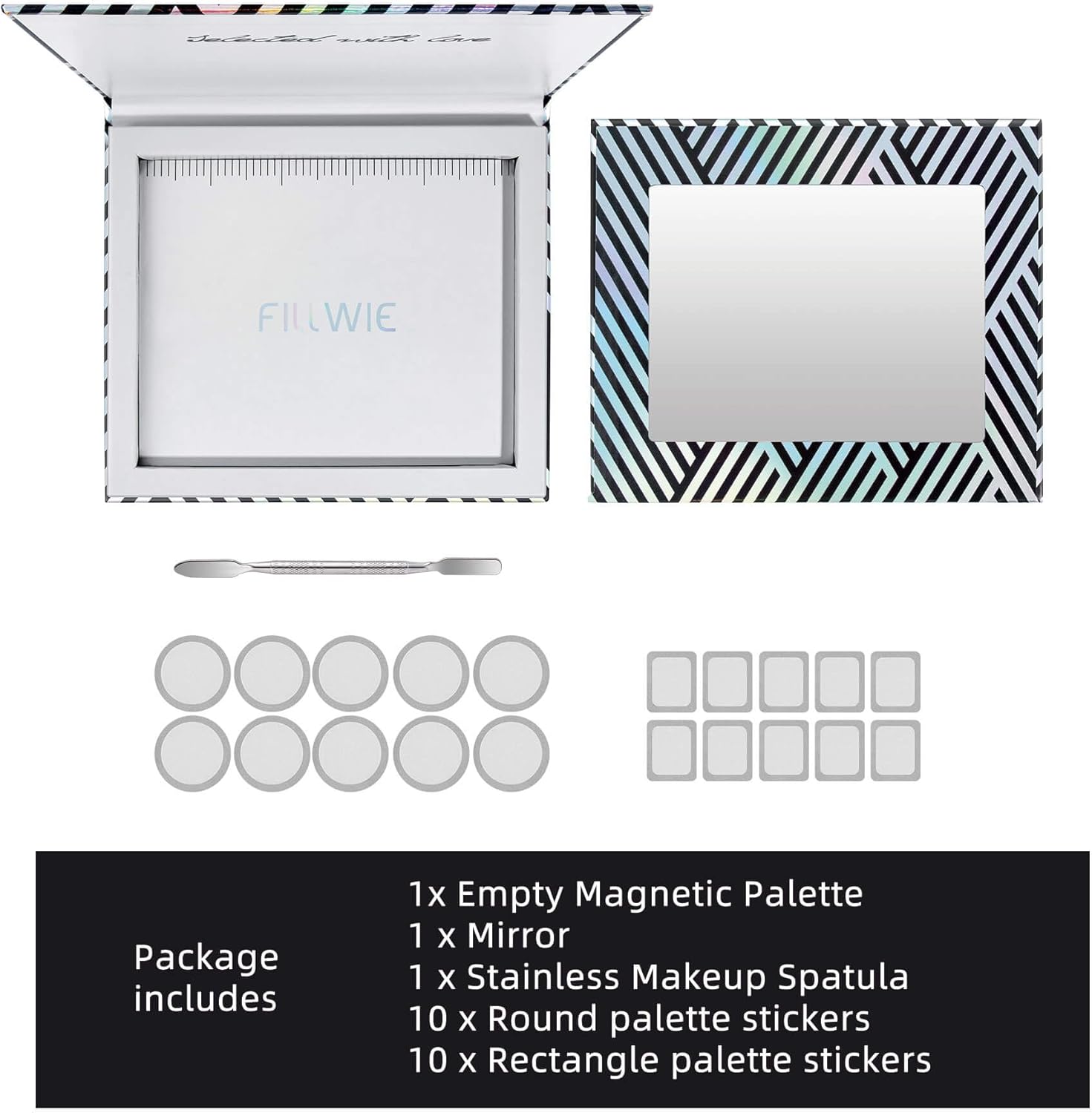 Empty Magnetic Makeup Palette with Mirror, Spatula, 20 Metal Stickers, Suitable for Eyeshadow Lipstick Blush Powder Highlighter and Contour, DIY Refillable, Holographic Stripes (Black, Medium)-Velvo Beauty