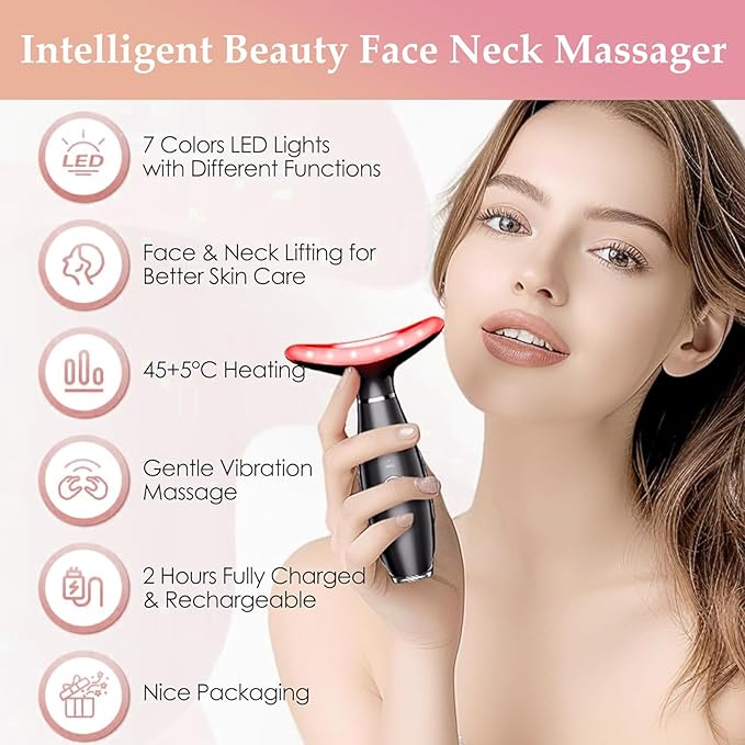 7 Colors Facial and Neck Massager,Lymphatic Contour Face Massager for Womens Skin Care- Rejuvenation- Lifting- Toning- Glow Boost-Tightening and Smooth (Black)-Velvo Beauty