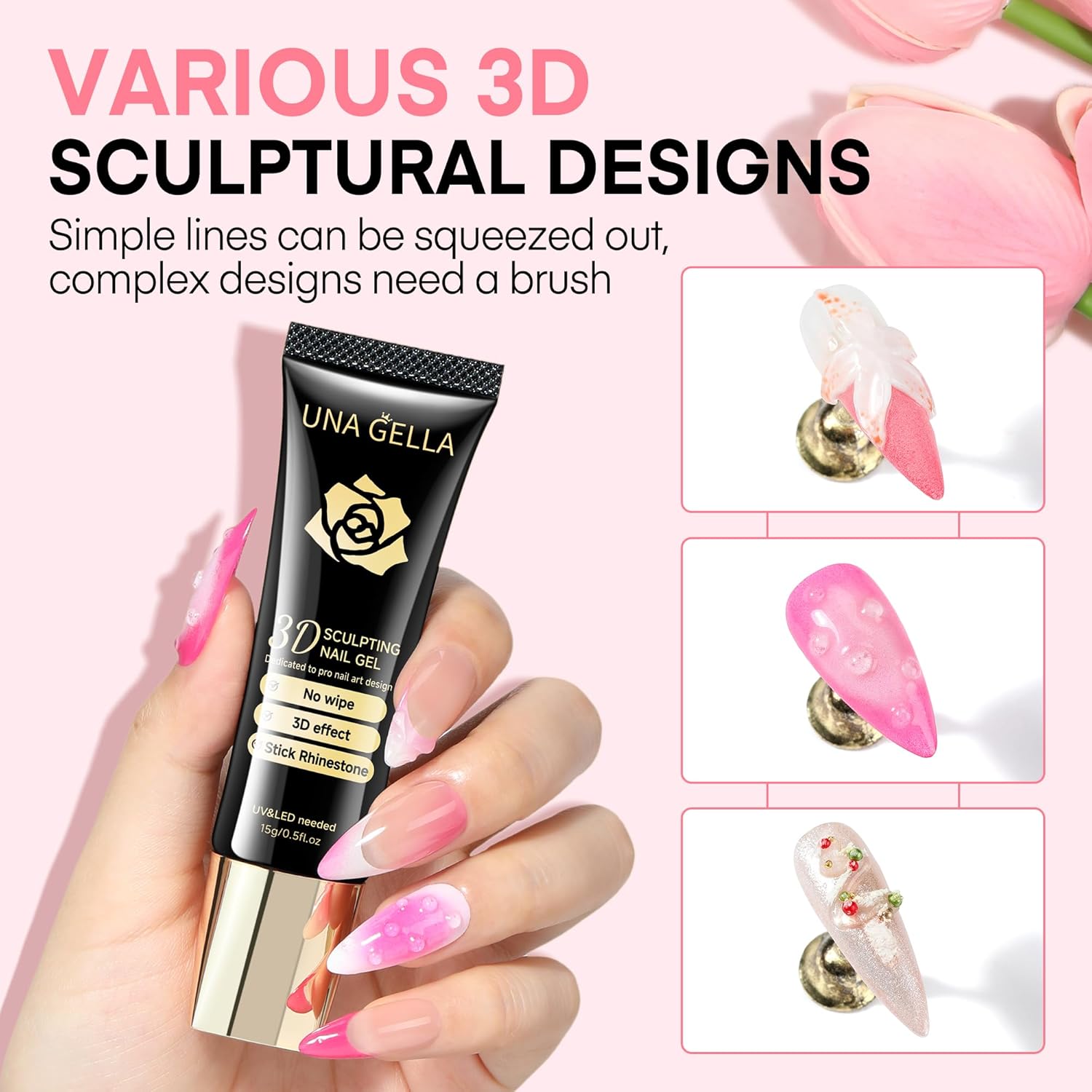 UNA GELLA 3D Gel Nail Art, 3D Nail Gel Sculpting G el Glue 15g 4 in 1 No Wipe Clear Nail Polish for Nails Tips, Chrome Powder, Nail Charms Gems, Drawing, Molding and DIY Nail Art Lamp Curing Needed-Velvo Beauty