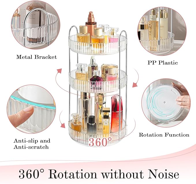 360° Rotating Makeup Organizer for Vanity, Spinning Cosmetics Organizer Holder Rack, Large Capacity Bathroom Organizer Countertop, Fits Perfume, SkinCare, Makeup Brushes 3 Tiers, Transparent-Velvo Beauty