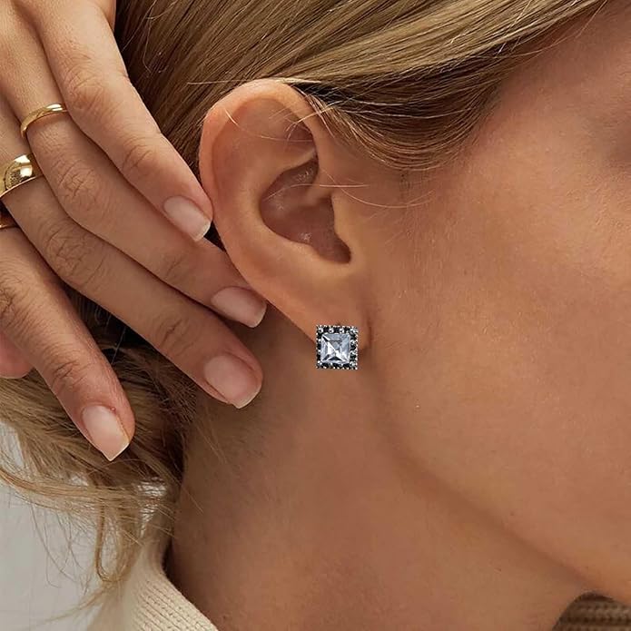 Boho Tiny Crystal Square Earrings Silver Cz Square Earrings Cz Rhinestone Square Stud Earrings Silver Geometric Earrings Jewelry for Women and Girls-Velvo Beauty