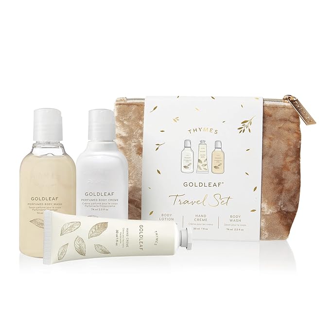 Thymes Perfumed Travel Set and Beauty Bag - Contains Body Wash, Body Lotion & Hand Cream - Goldleaf-Velvo Beauty