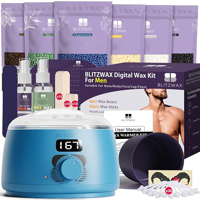 BLITZWAX Back and Nose Waxing Kit for Men, Hard Wax Warmer for Brazilian, Body and Face, At Home Hair Removal Kit, Beginner Friendly, Quick Heating, 93 Accessories, Royal Blue-Velvo Beauty