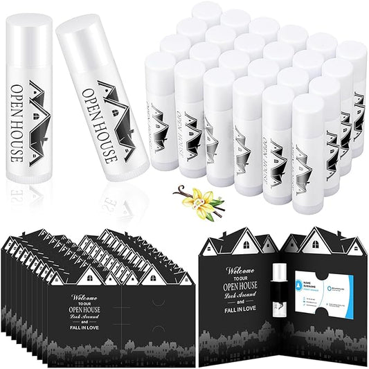25 Pcs Open House Lip Balm with Cards Real Estate Agent Supplies Lip Moisturizer Moisturizing Lip Balm Bulk Moisturizing Lip Balm Stick for Open House Business Advertising Events-Velvo Beauty
