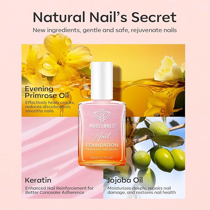 modelones Nail Strengthener, Sparkle Pink Nail Natural Concealer Foundation Polish Air Dry Nail Growth Polish for Damaged Nails Imperfection Masking Gifts for Women 15ml-Velvo Beauty