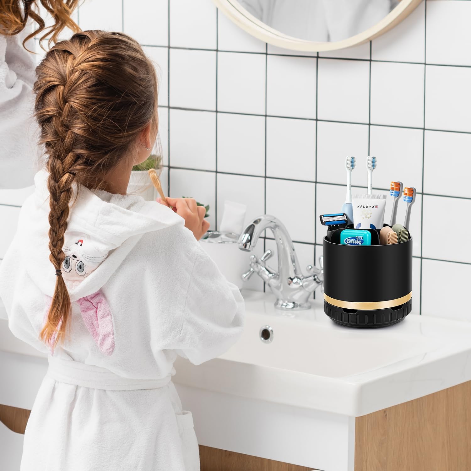 Bathroom Organizer Countertop - Rotating Black Toothbrush Holder for Bathroom Accessories Organization Detachable 6 Slots Bathroom Sink Storage Caddy Vanity Organizer-Velvo Beauty