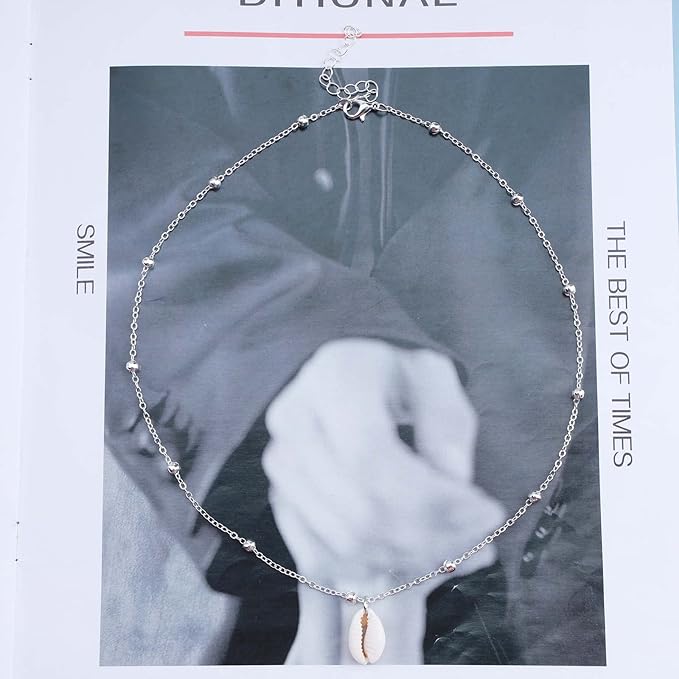 Bohemia Sea Shell Choker Necklace Natural Shell Pendant Necklace Minimalist Cowrie Necklace Silver Satellite Chain Necklace Jewelry for Women and Girls-Velvo Beauty