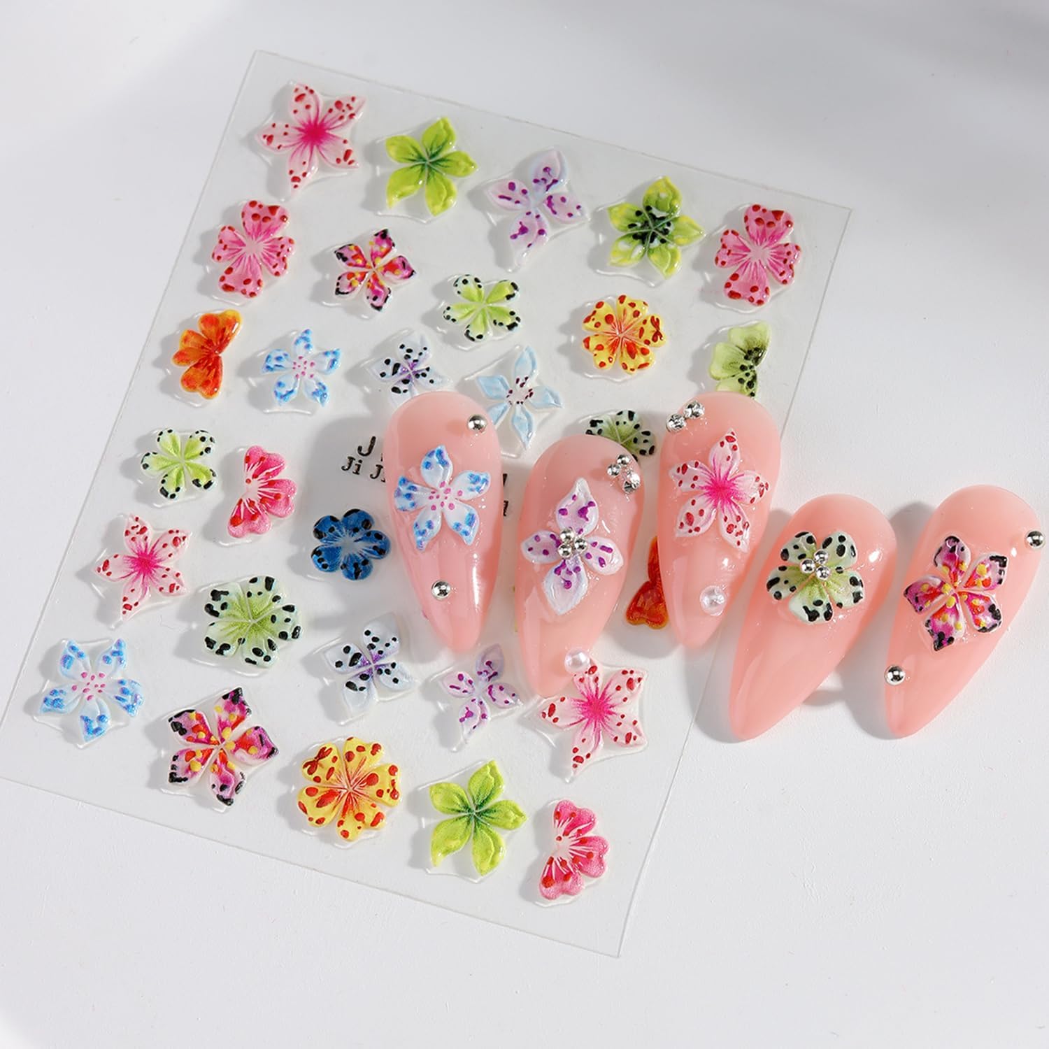 Colorful Flower Nails Art Stickers 5D Self-Adhesive Embossed Nails Stickers Hibiscus Flower Design Tropical Floral Nails Decal Supplies Women DIY Nail Art Decoration 3 Sheets-Velvo Beauty