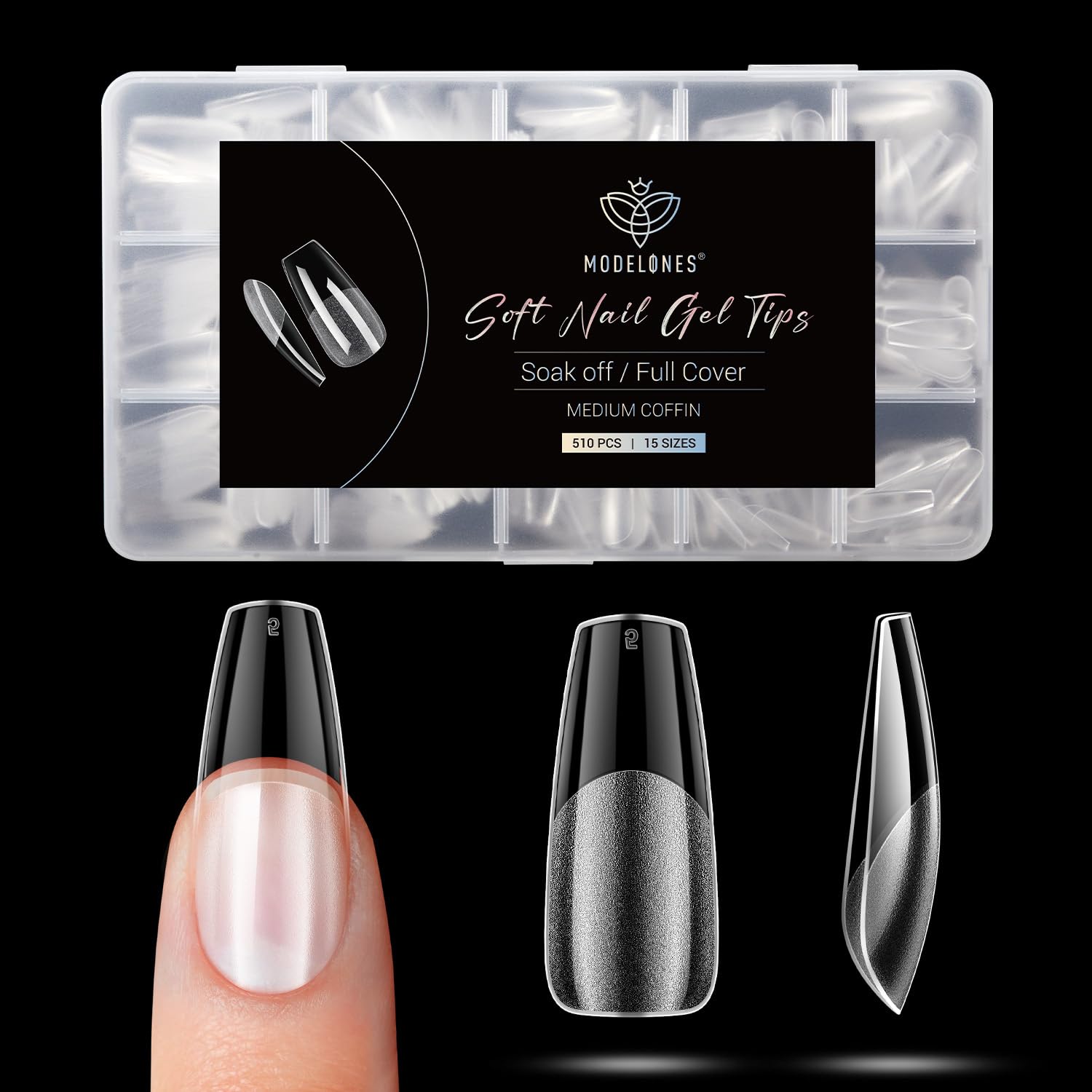 Modelones Medium Coffin Fake Nail Tips - 510Pcs Gel Tips Pre-shaped Half Matte Full Cover Clear Acrylic Gel Kit False Press on Nails for Extension DIY Salon 15Sizes-Velvo Beauty