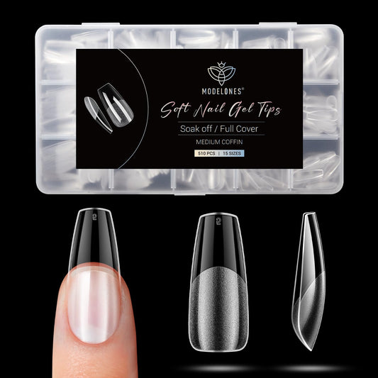 Modelones Medium Coffin Fake Nail Tips - 510Pcs Gel Tips Pre-shaped Half Matte Full Cover Clear Acrylic Gel Kit False Press on Nails for Extension DIY Salon 15Sizes-Velvo Beauty