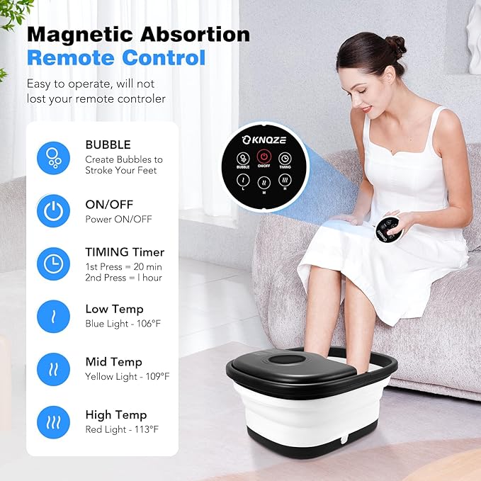 Collapsible Foot Spa Bath with Heat, Remote Control, Temperature Control, Bubbles, Pumice Stone, Red Light, Timer, 16 Massage Roller Pedicure Foot Spa Foot Soaker for Soothe & Relax Tired Feet-Velvo Beauty