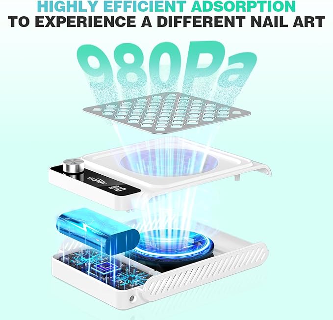 Rechargeable Nail Dust Collector, 980PA Portable Cordless Nail Vacuum Dust Collector Fan with Filter Papers (30 Pcs) for Acrylic Nail Polishing & Manicure Pedicure at Nail Salon & Home - White-Velvo Beauty