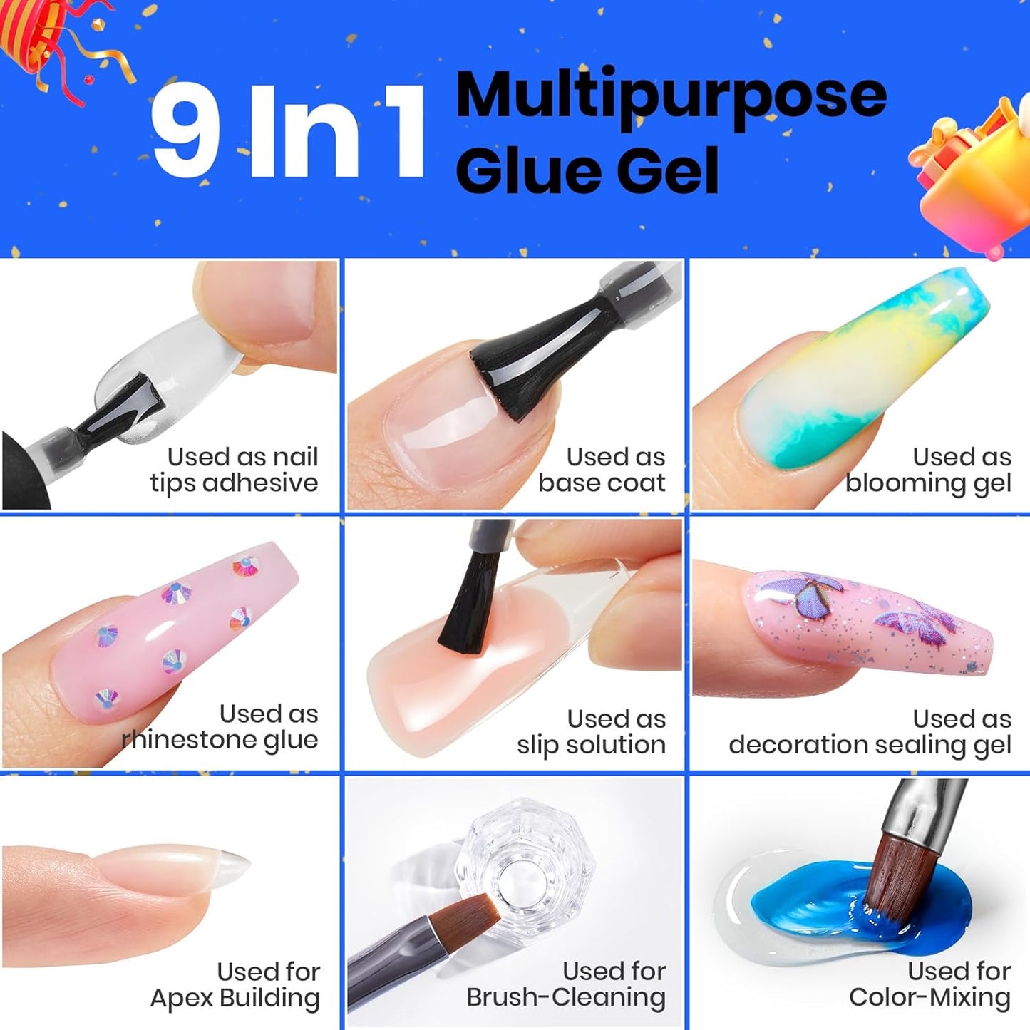 Beetles Gel Polish 9 in 1 Nail Glue with New Formula, 0.5 Fl Oz Super Strong Brush in Nail Gel Glue for False Nails Tips, Rhinestone, Base Gel, Blooming Nail Gel-Velvo Beauty