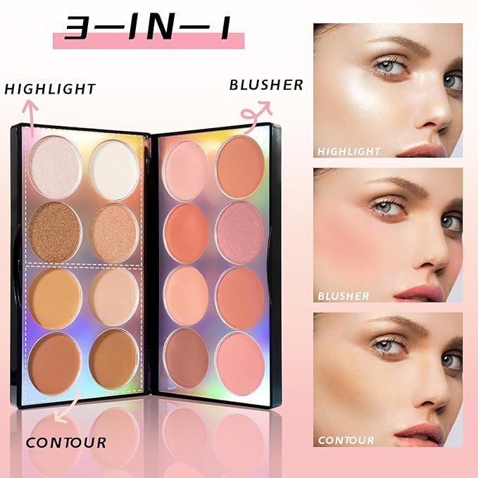 16 Colors Blush Contour Highlighter Makeup Palette with Brush, Matte Mineral Face Blush Powder for Cheek, Bright Shimmer Illuminator Bronzer Professional Facial Beauty Makeup Blushes Set-Velvo Beauty
