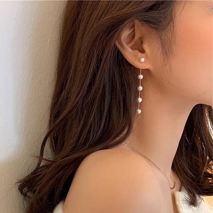 Boho Pearl Dangle Earrings Gold Pearl Drop Stud Earrings Long Pearl Tassel Earrings Vintage Pearl Linear Earrings Jewelry for Women and Girls-Velvo Beauty