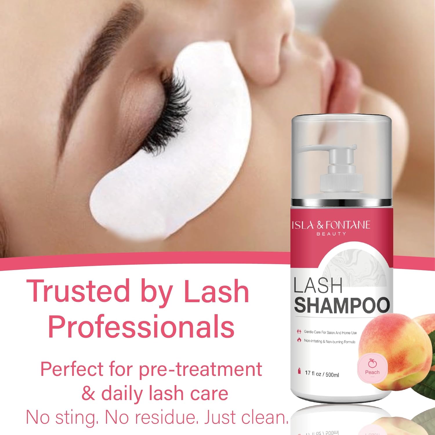 ISLA & FONTANE Lash Shampoo Bulk – Multi-Scent Series – 17 fl oz / 500ml | Gentle Eyelash Cleanser for Lash Extensions | Non-Irritating | Professional Lash Bath Foam For Salon And Home Use (Peach)-Velvo Beauty