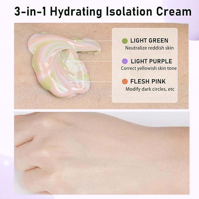 Primer Face Makeup Base, 3 In 1 Isolation Cream Color Corrector, Makeup Primer Skin Tone Correcting and Brightening Primer, Oil Control Moisturizing Face Primer to Hide Wrinkles and Fine Lines-Velvo Beauty