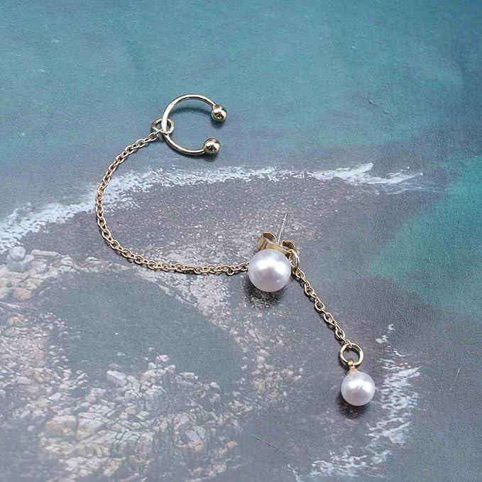 Vintage Pearl Cuff Chain Earrings Gold Chain Ear Cuffs Dangle Chain Cartilage Earrings Pearl Studs Earrings Cartilage Helix Earrings Helix to Lobe chain earrings Jewelry for Women and Girls (Gold B)-Velvo Beauty