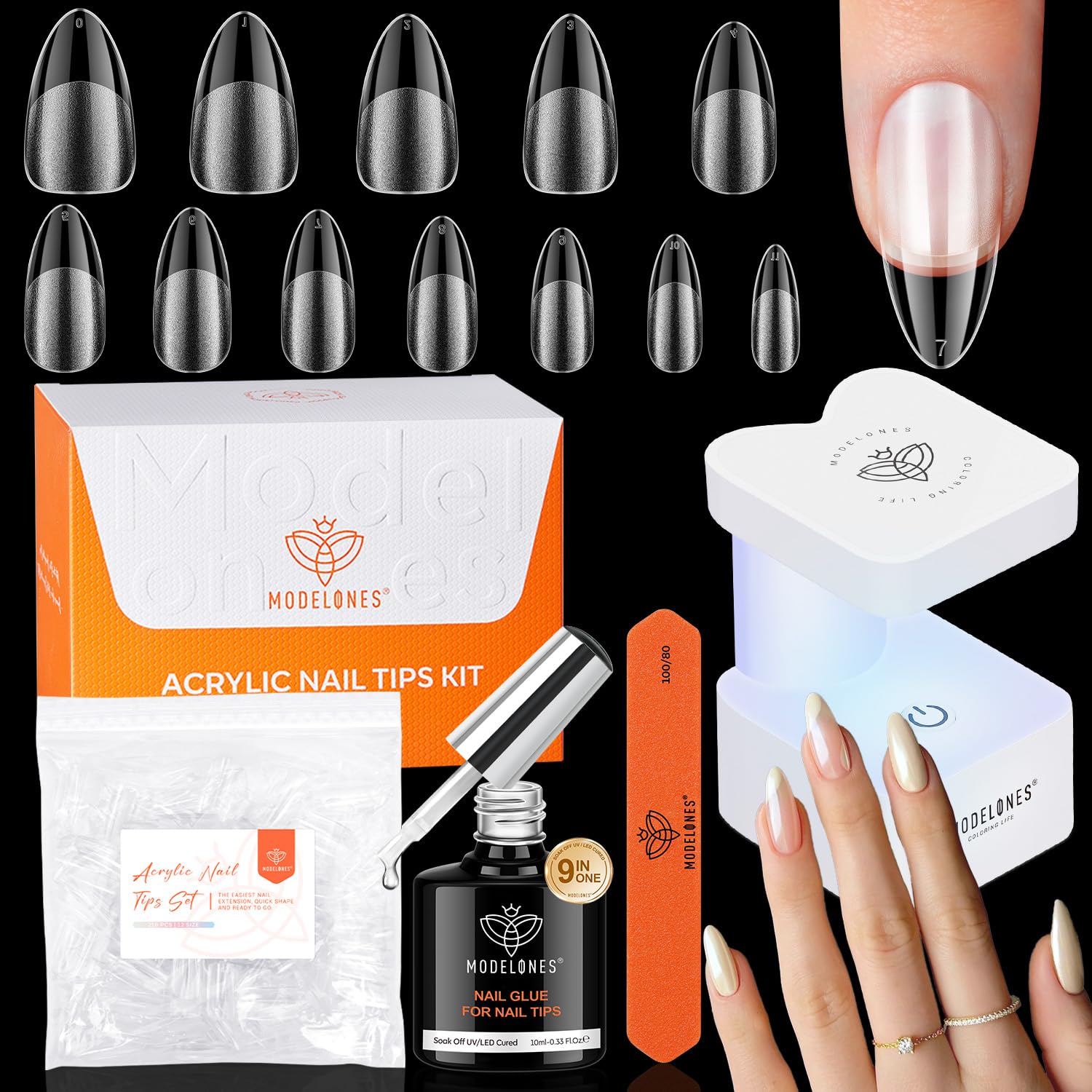 modelones Medium Almond Gel Nail Tips Kit, 9-in-One Nail Glue with Portable U V Lamp 216Pcs 12Sizes Pre-Etched Press ons Fake Acrylic Extension Kit DIY Salon Gift for Women-Velvo Beauty