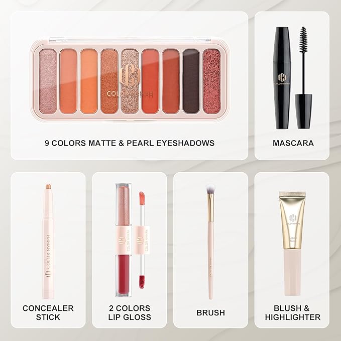 Color Nymph All In One Makeup Kit For Teens And Girls With Waterproof Handbag Makeup Kit Included 9 Colors Matte And Pearl Eyeshadow Palette Liquid Blush, Double Ended Lipgloss Concealer Brush Mascara-Velvo Beauty