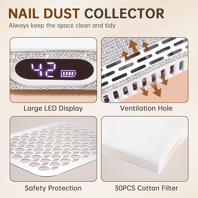 Nail Dust Collector, Rechargeable Dust Collector Nail Tech, Powerful Vacuum Fan Vent Dust Collector Extractor Dust Suction Machine for Acrylic Nails Polishing, Nail Salon&Home, White-Velvo Beauty