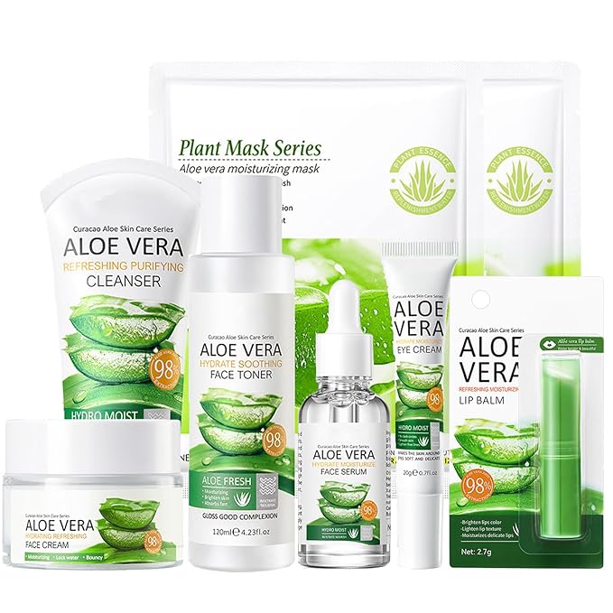 8Pcs Skin Care Products Set, Aloe Vera Skin Care Sets, Skin Care Gift Set for Women Girls, Skincare Routine Set, Face Care Kit with Cleanser, Mask, Toner, Serum, Lip Balm, Eye Cream, Moisturizer-Velvo Beauty