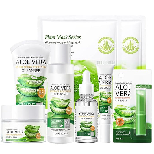 8Pcs Skin Care Products Set, Aloe Vera Skin Care Sets, Skin Care Gift Set for Women Girls, Skincare Routine Set, Face Care Kit with Cleanser, Mask, Toner, Serum, Lip Balm, Eye Cream, Moisturizer-Velvo Beauty