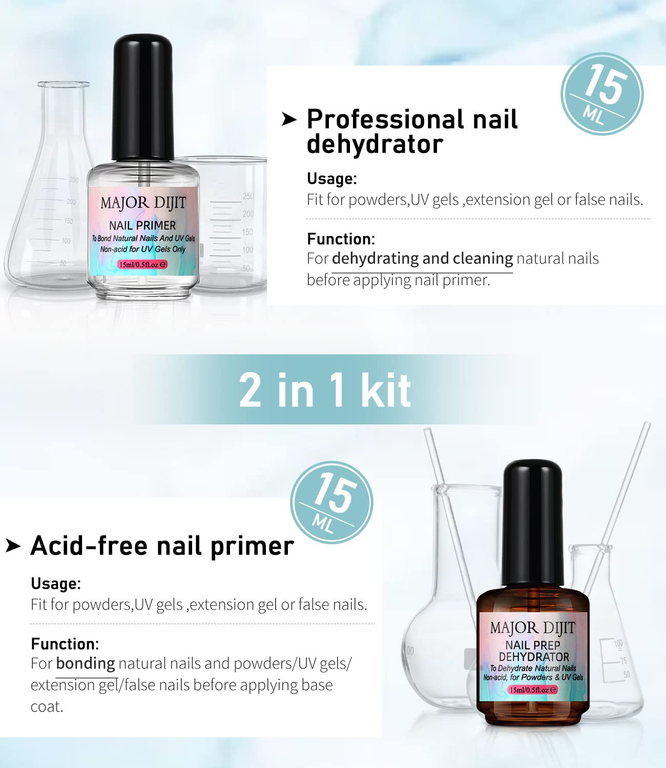 Major Dijit Nail Dehydrator and Nail Primer with Cuticle Oil Set Air Dry Superior Bonding Primer for Acrylic Powder-Velvo Beauty