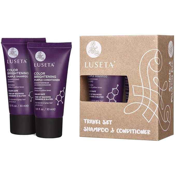 Luseta Color Brightening Purple Shampoo and Conditioner Travel Kit for Blonde and Gray Hair -Infused with Cocos Nucifera Oil to Help Nourish, Moisturize and Condition Hair, 2x1.01oz-Velvo Beauty