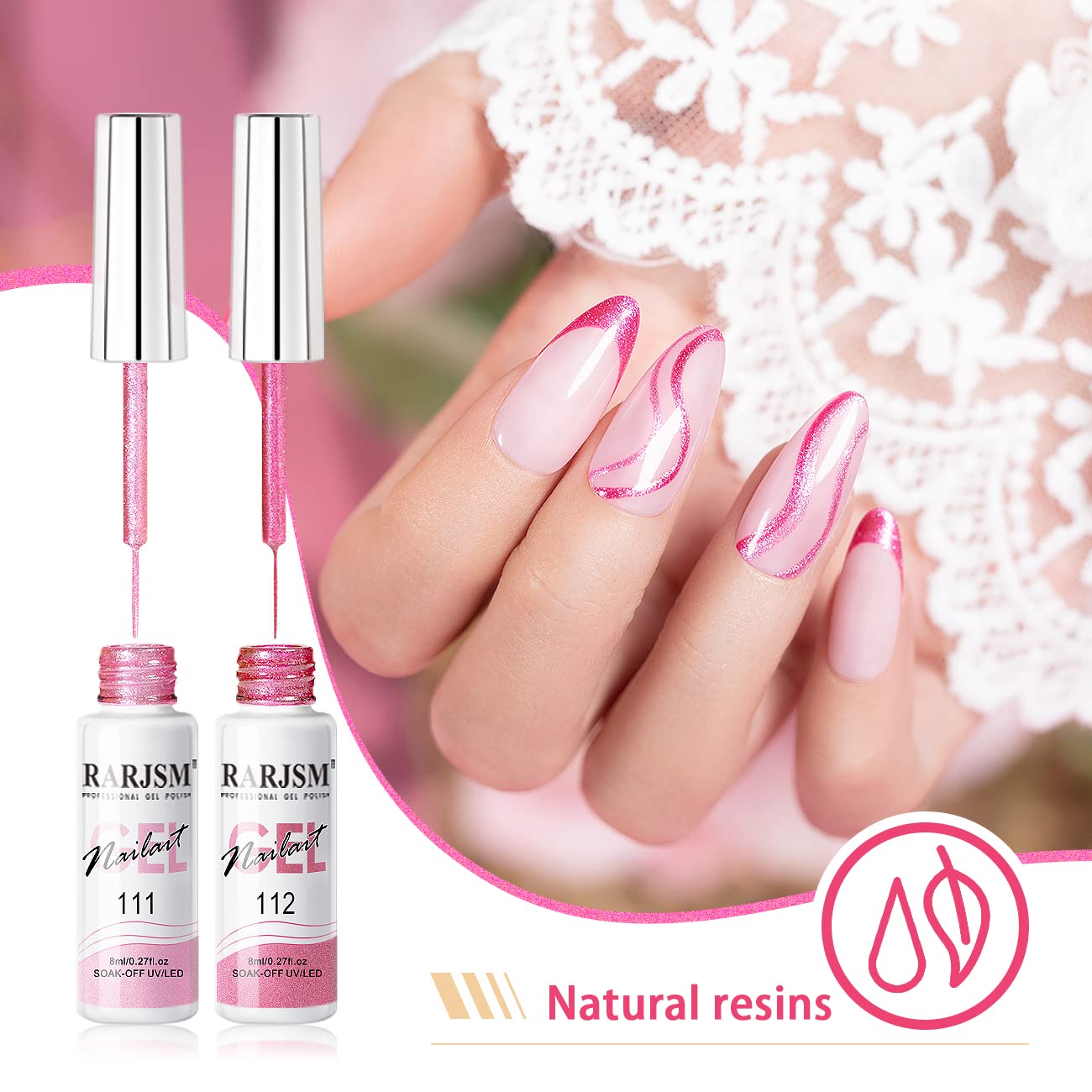 RARJSM Metallic Gel Liner Nail Art Pink,Glitter Painting Gel Nail Polish 2PCS Set,Mirror Chrome Hot Pink Drawing Line Art Gel with Thin Brush Nail Design Line Wire Curing Requires 8ml DIY Manicure-Velvo Beauty