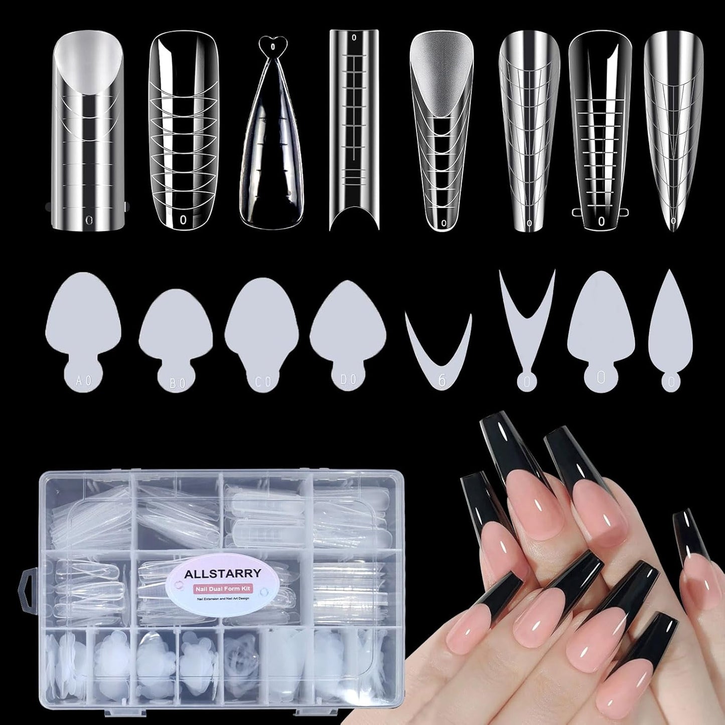 Allstarry 384pcs Nail Dual Forms, Silicone French Nail Forms for Poly Gel Nail Gel Extension Full Cover Acrylic Nail Tips 8 tpye nail form and Silicone Reusable Stickers for Manicure Extension-Velvo Beauty
