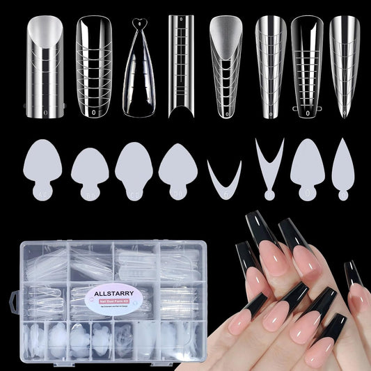 Allstarry 384pcs Nail Dual Forms, Silicone French Nail Forms for Poly Gel Nail Gel Extension Full Cover Acrylic Nail Tips 8 tpye nail form and Silicone Reusable Stickers for Manicure Extension-Velvo Beauty