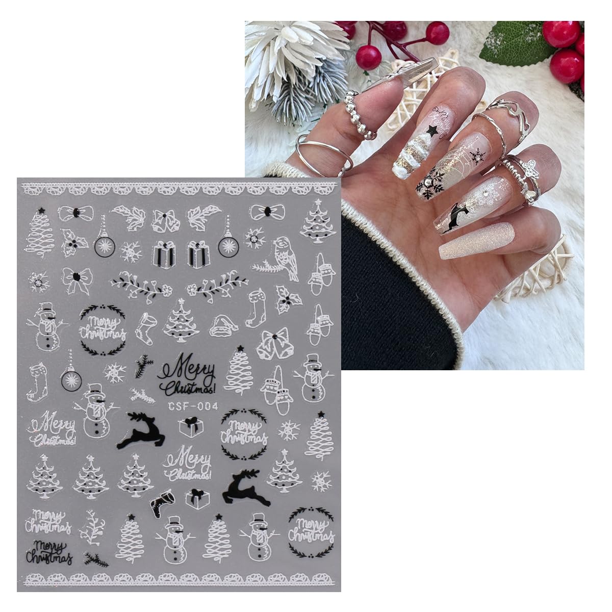 JMEOWIO 9 Sheets Christmas Glitter Nail Art Stickers Decals Self-Adhesive White Black Nail Supplies Nail Art Design Decoration Accessories-Velvo Beauty